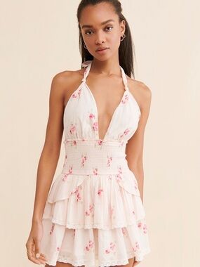 $295 LoveShackFancy Pink Floral Halter Tiered Mini Dress Small S